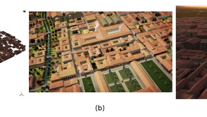 Tre versioni della Bologna romana: (a) la ricostruzione con City Engine a partire dai dati Gis, (b) l’elaborazione di questa ricostruzione per il filmato «Apa»; (c) e per il
Progetto Marcus Caelius.
