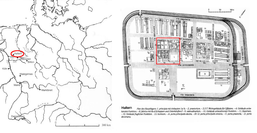 Insediamento di Haltern. Localizzazione (a sinistra) e area principale (a destra, riquadrata) delle residenze dei tribuni e dei centurioni.