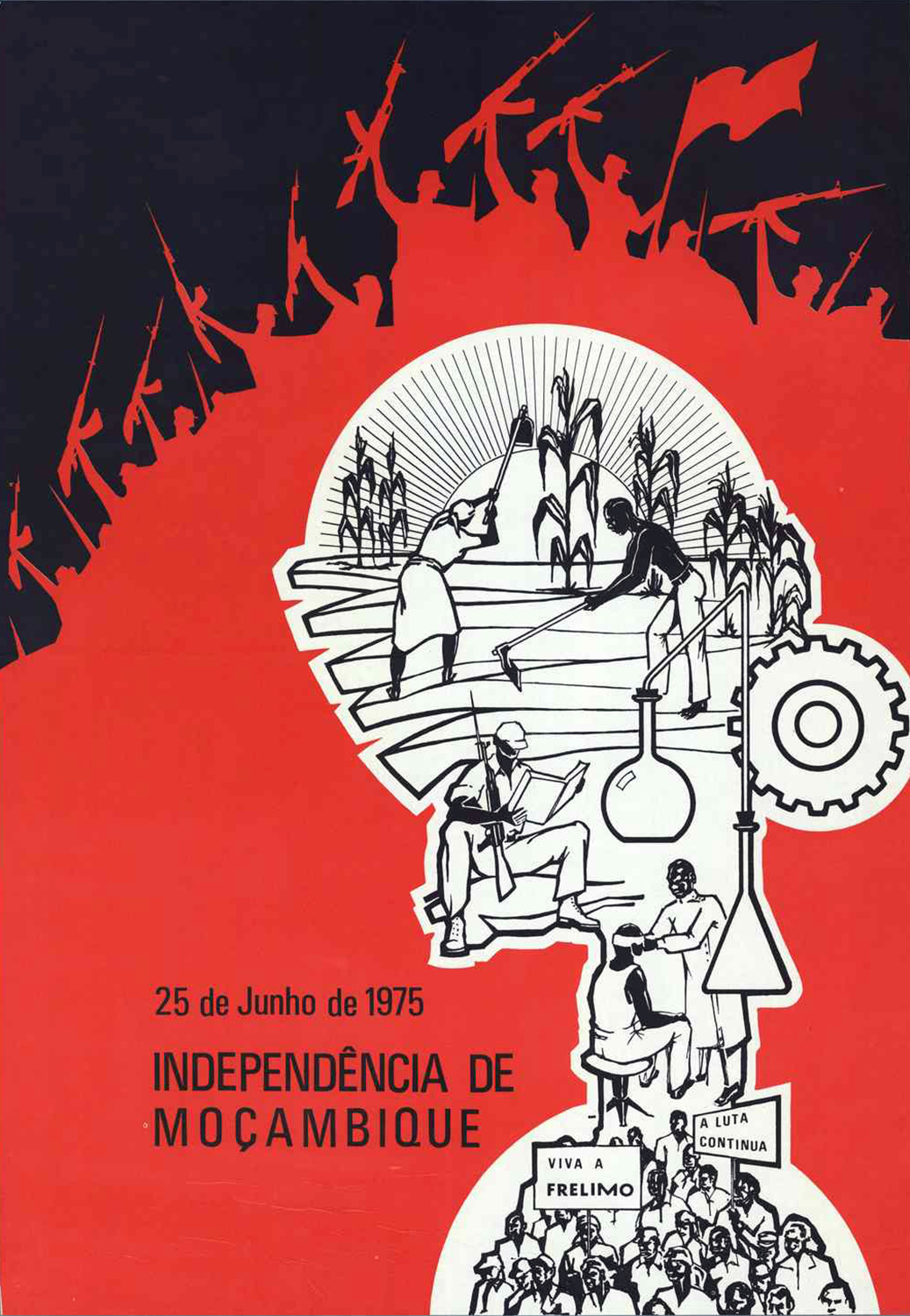 Direcçao Nacional de Propaganda e Publicidade, Giorno dell’indipendenza del Mozambico, 25 Giugno 1975. Grafica José Freire. Mozambico, 1975. Fonte: International Institute of Social History, call nr: BG E9/737.