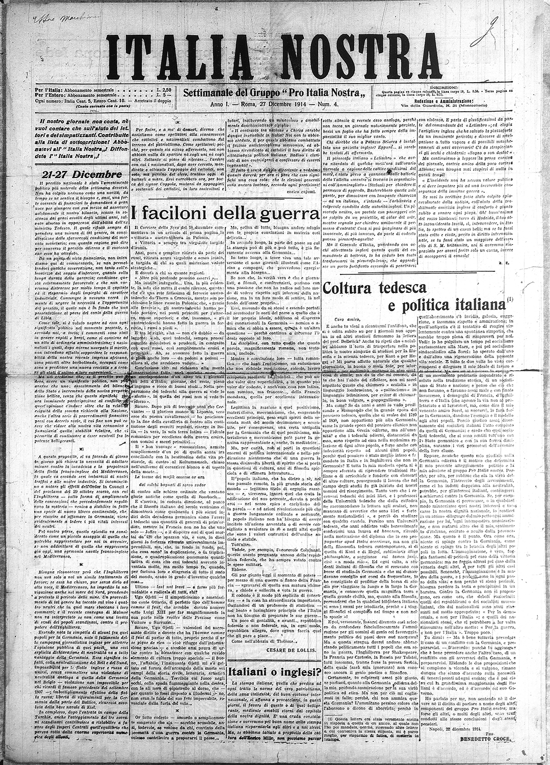 «Italia Nostra. Settimanale del gruppo Pro Italia Nostra», Anno I, 27 dicembre 1914, N. 4. Biblioteca Nazionale di Firenze. 
