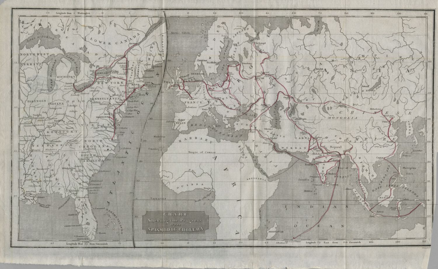 La Chart shewing the progress of Spasmodic cholera pubblicata nel 1832 nel volume di Amariah Brigham. Fonte: U.S. National Library of Medicine, https://collections.nlm.nih.gov