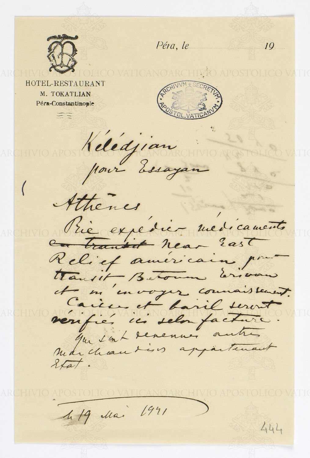 Note on the Tokatlian Hotel’s headed paper, 1921. Archivio Apostolico Vaticano