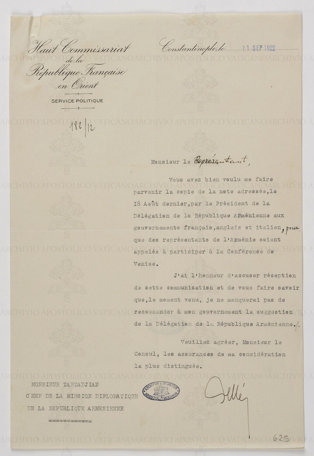 Communication from the High Commissioners on Armenian delegation in peace tables, 1922. Archivio Apostolico Vaticano