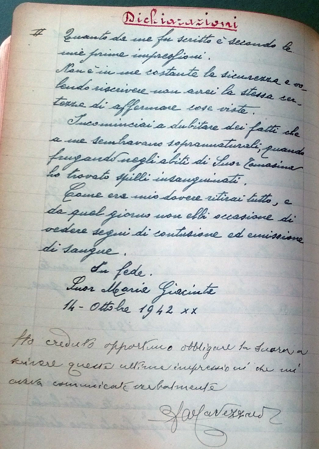 Fig. 2. Ultima pagina del diario redatto da Maria Giacinta, ASDM, 1939-42.