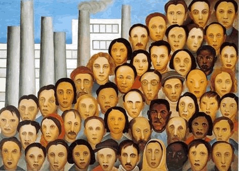 “Operários” è una delle opere più note della pittrice plastica modernista Tarsila do Amaral (1886-1973). Essa ritrae della classe operaia brasiliana mettendone in primo piano la composizione multietnica e la condizione.