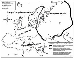 Suddivisioni dell’Europa secondo Elisée Reclus - Foto 2 - Suddivisioni dell’Europa secondo Elisée Reclus (Federico Ferretti, 2009). E’ evidente che il principio
dell’articolazione è uno dei primi criteri geografici secondo i quali si individuano un’Europa orientale e un’Europa occidentale. 