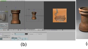 Un esempio del processo di modellazione dei reperti archeologici del Museo civico: l’oggetto nella collocazione abituale; la sua acquisizione fotografica; uno screenshot durante
la modellazione; il rendering con Blender; l’oggetto ricostruito ed inserito nella scena.