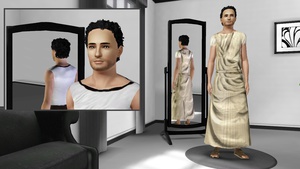 Uno screenshot ripreso dentro il metaverso The Sims 3 durante la personalizzazione del personaggio come antico romano della Bologna augustea.