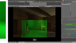 Fasi di lavorazione eseguite come test per verificare il compositing tra l’animazione in machinima e il set
renderizzato con Blender: (a) uno shot delle riprese in chroma key nel motore di gioco The Sims 3 e (b) uno screenshot di editing in Blender.