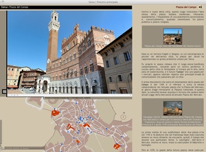 Fig. 2. Sezione della navigazione urbana con immagine panoramica (in alto a sinistra), mappa interattiva (in basso a sinistra), immagine di corredo e scheda illustrativa
(colonna a destra).